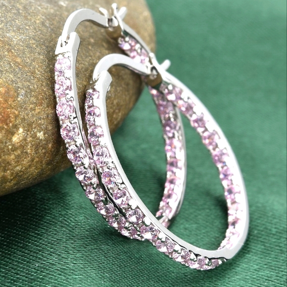 🔥PRICE DROP🔥NWT SIMULATED PINK DIAMOND HOOP EARRINGS IN STERLING SILVER - Picture 2 of 9